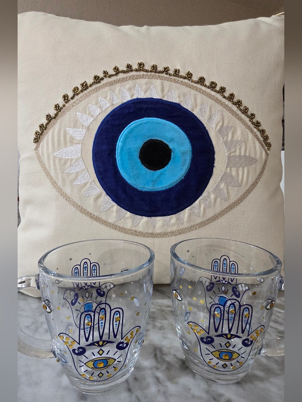 Hand-Embroidered Blue Evil Eye Cushion with Hamsa Glass Mug Set